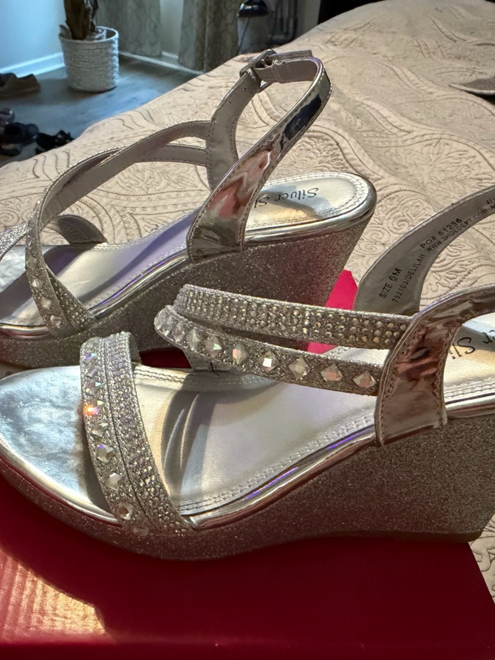 Women's Silver Glitter Wedge Sandals with Rhinestone Straps